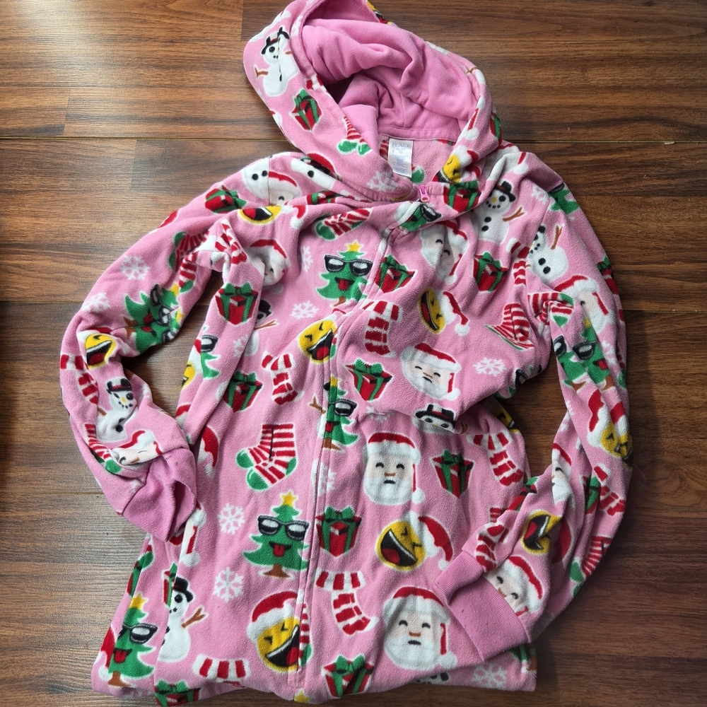 Girls Pink Christmas Holiday One Piece Zip Up PJs Children's Place XL (14) Hoode